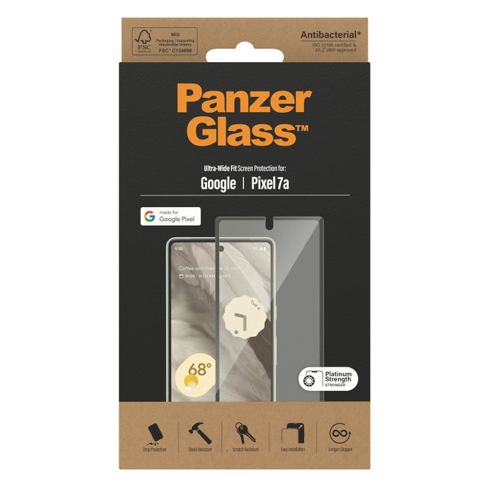 PanzerGlass Protector de Pantalla de Vidrio Templado para Google Pixel 7a Ultra Wide Fit, Antirrayaduras, Antibacteriano, Aplicación Sencilla en Seco sin Burbujas - 1 Unidad