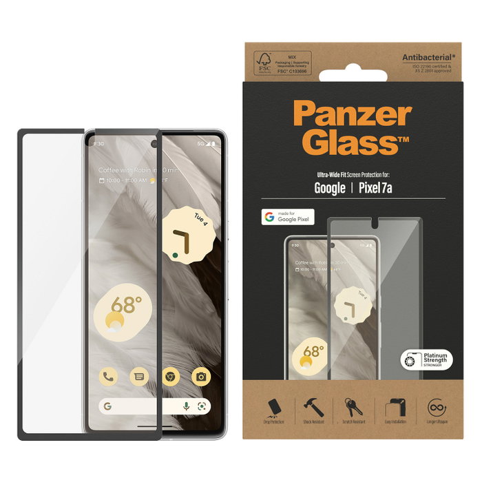 PanzerGlass Protector de Pantalla de Vidrio Templado para Google Pixel 7a Ultra Wide Fit, Antirrayaduras, Antibacteriano, Aplicación Sencilla en Seco sin Burbujas - 1 Unidad