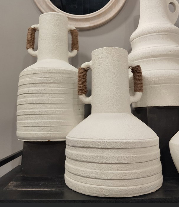 DKD Home Decor Jarrón de Terracota y Ratán con Asas Blanco y Marrón Claro