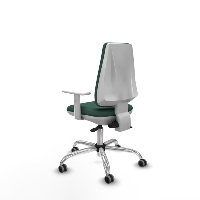 Silla de oficina Elche con mecanismo Asincro tapizada con Tela color Verde botella. Equipada con Base cromada, Reposabrazos blancos y Ruedas 65 mm parqué