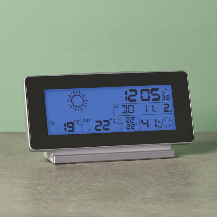 Day Estación Meteorológica/Reloj con Radio Control, Calendario, Alarma, Temperatura Interior/Exterior y Barómetro