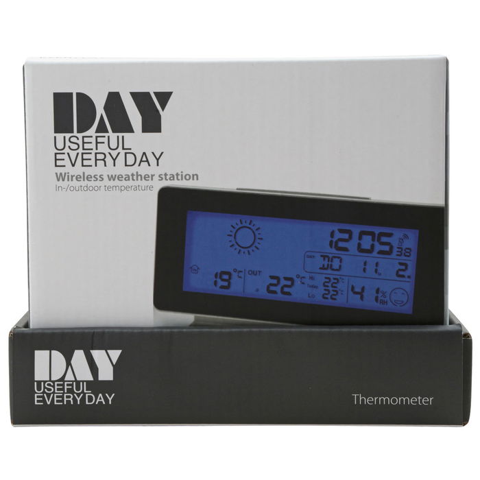 Day Estación Meteorológica/Reloj con Radio Control, Calendario, Alarma, Temperatura Interior/Exterior y Barómetro