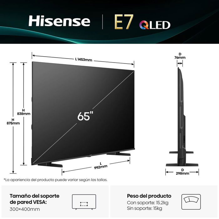 Hisense 65E7Q | Televisor QLED 65 Pulgadas 4K UHD con Dolby Vision Atmos | Serie E7Q | Smart TV VIDAA U9 | HDR10 | Modo Juego | Netflix, Prime Video, Disney+