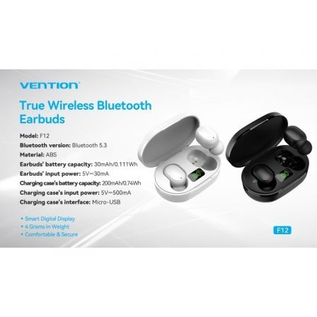 Vention F12W0 Auriculares Inalámbricos Bluetooth Tiny T16 con Estuche de Carga, Autonomía 7h, Bluetooth 5.3, Blancos