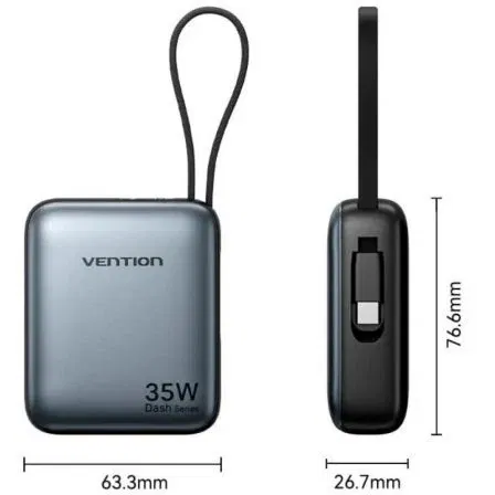 Vention FHEH0 Powerbank 10000mAh 35W Carga Rápida Gris con Cable USB Tipo-C Integrado