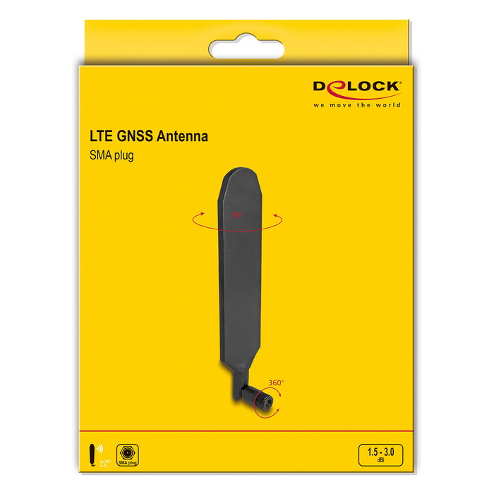 DeLOCK Antena LTE GNSS SMA 1.5-3 dBi Omnidireccional Giratoria con Kippgelenk, 0.7-2.7 GHz, Polarización Dual, VSWR 2/3, Negro, Referencia Delock