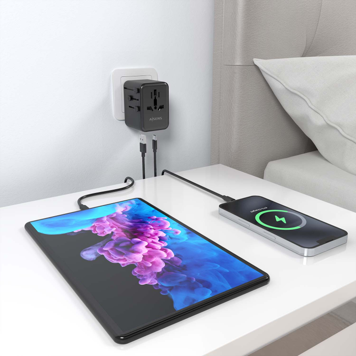 Aisens Adaptador de Enchufe Universal para Viaje GaN con 2xUSB-C y 2xUSB-A, Negro