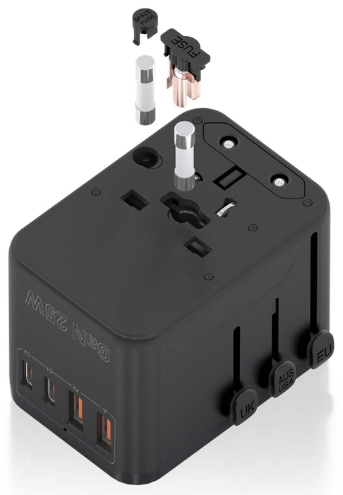 Aisens Adaptador de Enchufe Universal para Viaje GaN con 2xUSB-C y 2xUSB-A, Negro
