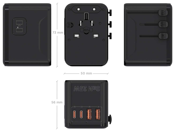 Aisens Adaptador de Enchufe Universal para Viaje GaN con 2xUSB-C y 2xUSB-A, Negro