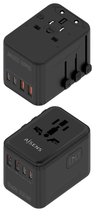 Aisens Adaptador de Enchufe Universal para Viaje GaN con 2xUSB-C y 2xUSB-A, Negro