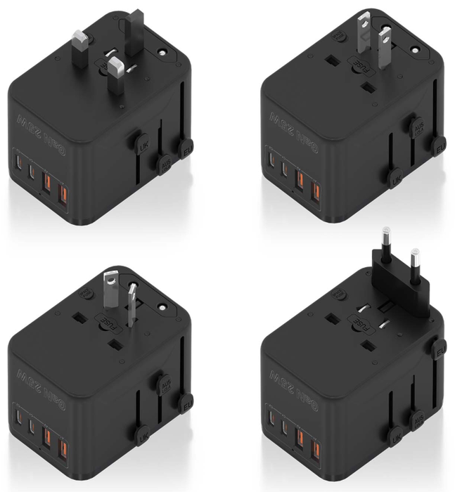 Aisens Adaptador de Enchufe Universal para Viaje GaN con 2xUSB-C y 2xUSB-A, Negro