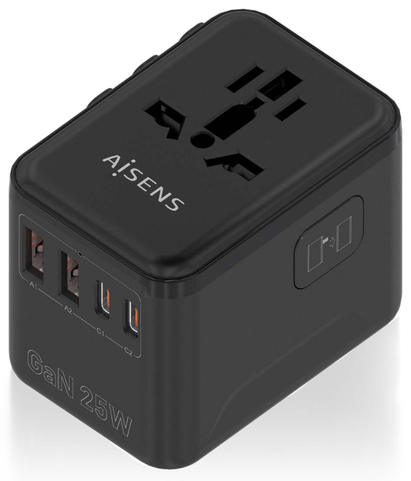 Aisens Adaptador de Enchufe Universal para Viaje GaN con 2xUSB-C y 2xUSB-A, Negro