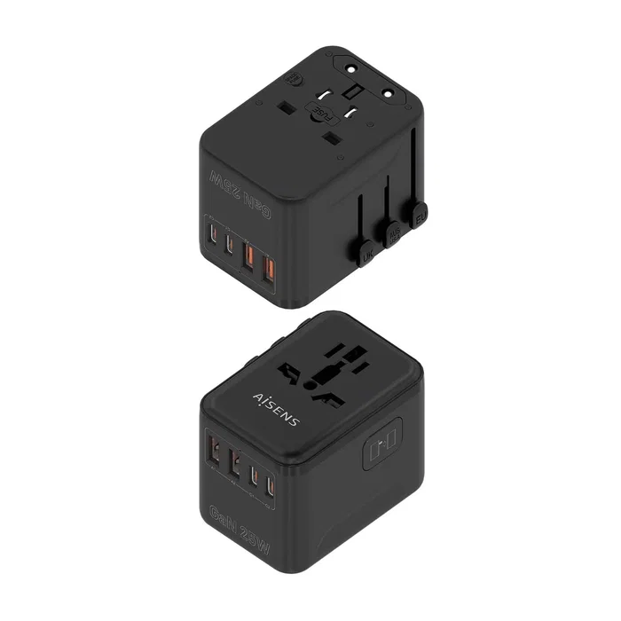 Aisens Adaptador de Viaje Universal GaN con 2xUSB-C y 2xUSB-A Negro