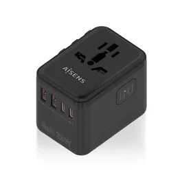 AISENS ASPS-2A2C08-BK Adaptador de Viaje Universal EU/USA/UK/AU con Cargador USB GaN 4 Puertos (2xUSB-A QC3.0, 2xUSB-C PD3.0 25W) - Negro