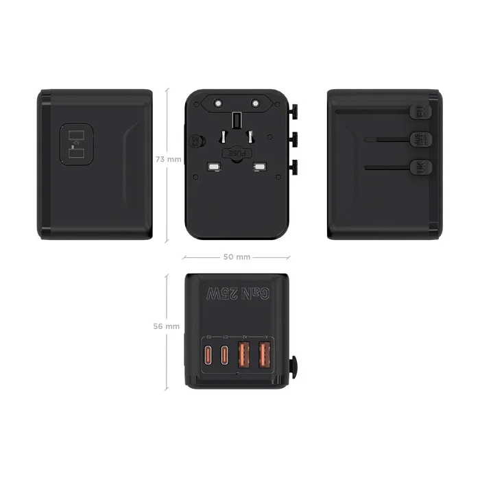Aisens Adaptador de Viaje Universal GaN con 2xUSB-C y 2xUSB-A Negro