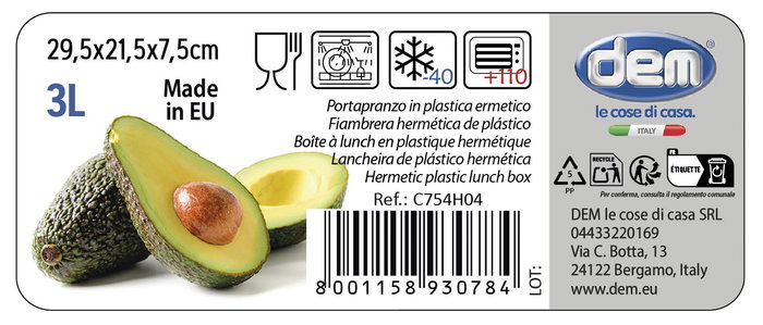 Dem Fiambrera 3L Hermética Microondas Rectangular 29.5x21.5x7.5 cm (12 Unidades)