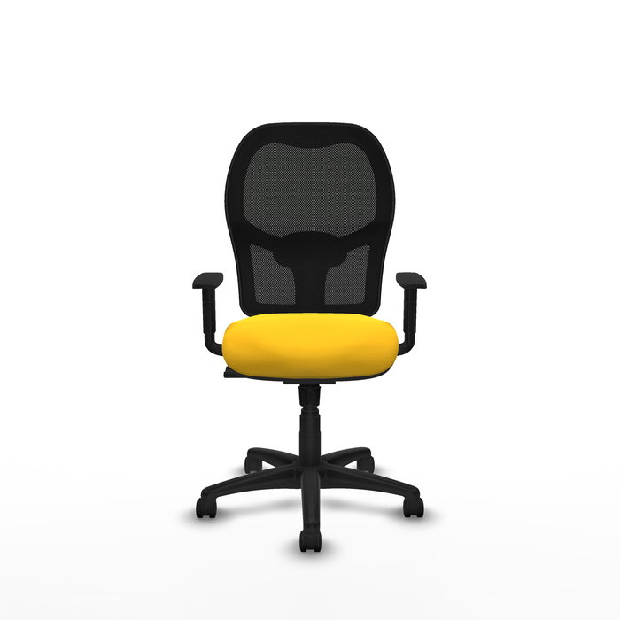 Silla de oficina Alocén con mecanismo Sincro tapizada con Similpiel color Amarillo y malla color Negro. Equipada con lumbar 1D, Brazos 1D y Ruedas de nailon 50 mm