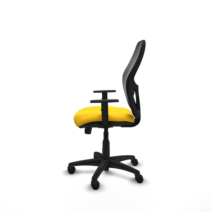 Silla de oficina Alocén con mecanismo Sincro tapizada con Similpiel color Amarillo y malla color Negro. Equipada con lumbar 1D, Brazos 1D y Ruedas de nailon 50 mm