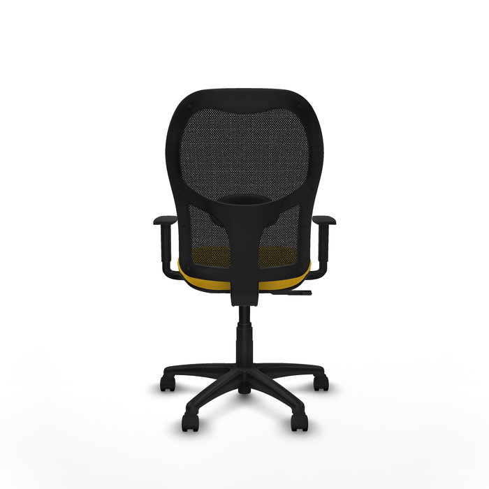 Silla de oficina Alocén con mecanismo Sincro tapizada con Similpiel color Amarillo y malla color Negro. Equipada con lumbar 1D, Brazos 1D y Ruedas de nailon 50 mm