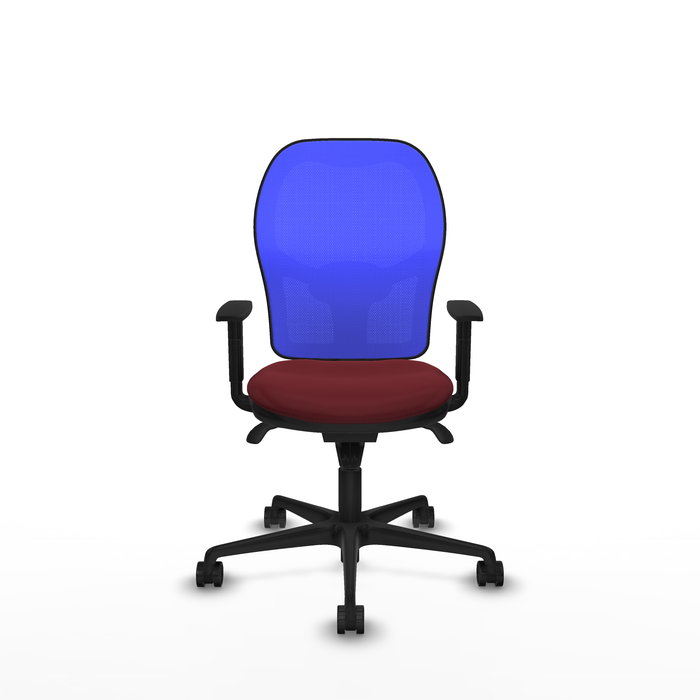 Silla de oficina Jorquera con mecanismo Sincro tapizada con Similpiel color Granate y malla color Azul. Equipada con lumbar 1D, Brazos 1D y Ruedas 65mm nailon