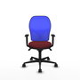 Silla de oficina Jorquera con mecanismo Sincro tapizada con Similpiel color Granate y malla color Azul. Equipada con lumbar 1D, Brazos 1D y Ruedas 65mm nailon