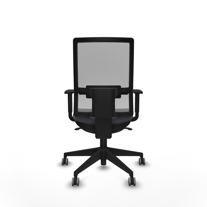 Silla de oficina Horna con mecanismo Sincro tapizada con Tela color Gris oscuro y malla color Gris. Equipada con lumbar 1D, Brazos 1D y Ruedas 65 mm parqué