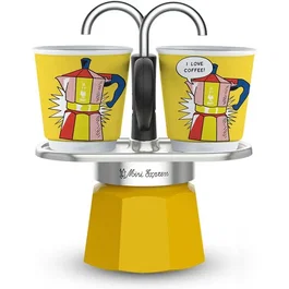Bialetti BIA8006363030441 Cafetera Italiana Mini-Express LICHTENSTEIN con 2 Tazas - 100 ml - Acero Inoxidable / Color Amarillo