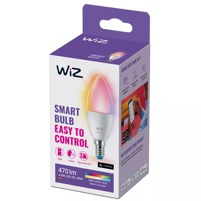 WiZ 8718699787097 Bombilla LED Inteligente Wi-Fi E14 C35 RGB 16 Millones de Colores 4.9W (Equivalente 40W) 2200-6500K A+