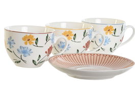 DKD Home Decor Set 6 Tazas con Plato Porcelana Azul Blanco Floral 15 x 7.5 x 15 cm 220ml