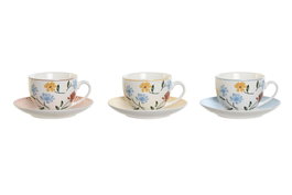 DKD Home Decor Conjunto de Taza y Plato de Porcelana Floral de 6 Piezas