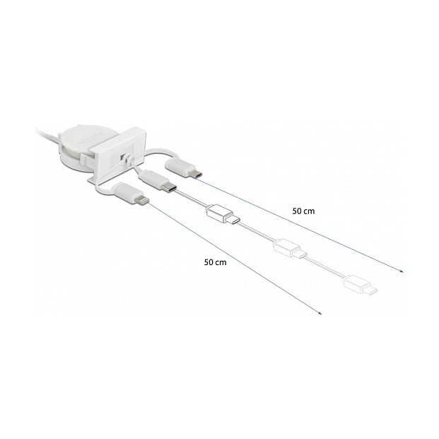 DeLOCK Cable retráctil Easy 45 Modul USB 2.0 3 en 1 USB Tipo-A a USB-C, Micro USB y Lightning Blanco