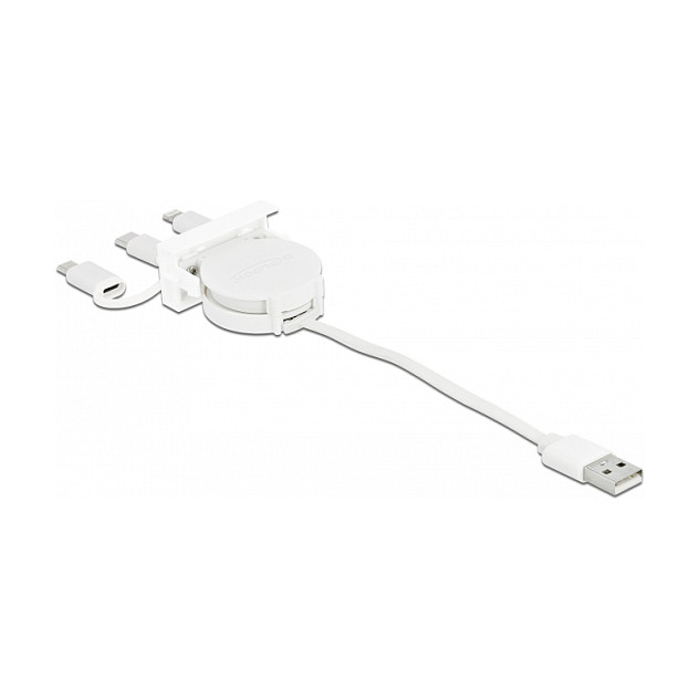 DeLOCK Cable retráctil Easy 45 Modul USB 2.0 3 en 1 USB Tipo-A a USB-C, Micro USB y Lightning Blanco