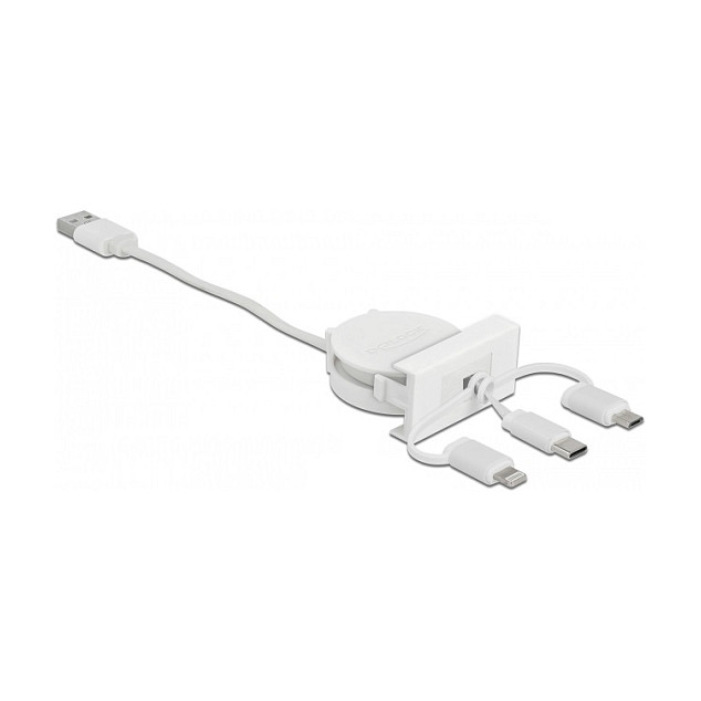 DeLOCK Cable retráctil USB 2.0 3 en 1 USB Tipo-A a USB-C, Micro USB y Lightning blanco DeLOCK Cable retráctil USB 2.0 3 en 1 USB Tipo-A a USB-C, Micro USB y Lightning blanco