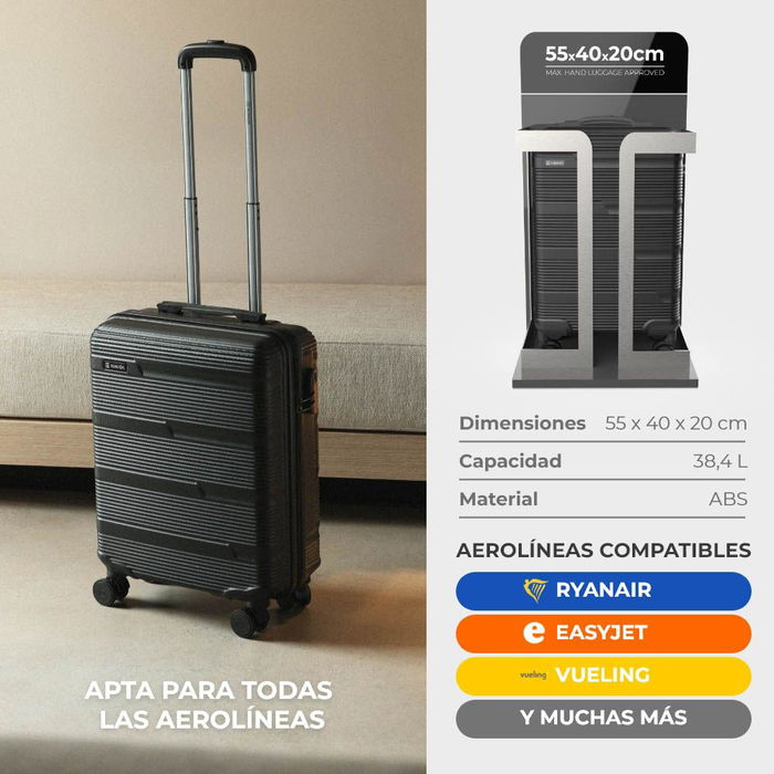 Numada Set de Maletas 3 Piezas Negro 12" 20" 24" Apto Aerolíneas Bajo Coste