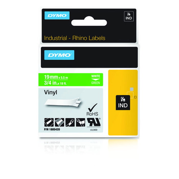 Dymo Rhino Cinta ID1-19 Blanco sobre verde de 19mm x 5,5m Dymo Rhino Cinta ID1-19 Blanco sobre verde de 19mm x 5,5m