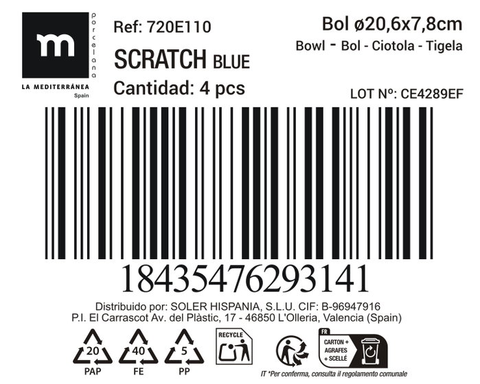 La Mediterranea Bol Alto Scratch Blue 20.6x7.8cm (Pack de 8) de la colección SCRATCH