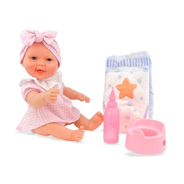 Berjuan Muñeca Bebe Pipi con Traje Rosa y Accesorios 30 cm, Juguete en Español