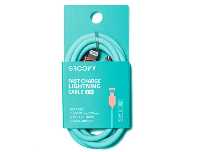 GROOVY Cable USB-C a Lightning de alto rendimiento, 2,0A, 1 m, Azul turquesa GROOVY Cable USB-C a Lightning de alto rendimiento, 2,0A, 1 m, Azul turquesa