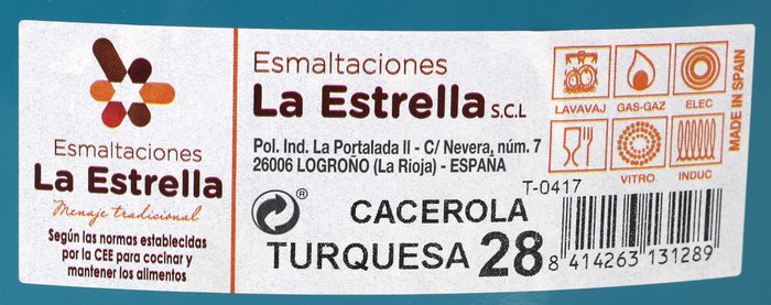 La Estrella Cacerola Esmaltada con Tapa de 28 cm, Color Turquesa, 10.49 kg, Ancho 30.5 cm, Alto 11.6 cm, Largo 38.4 cm (6 Unidades)