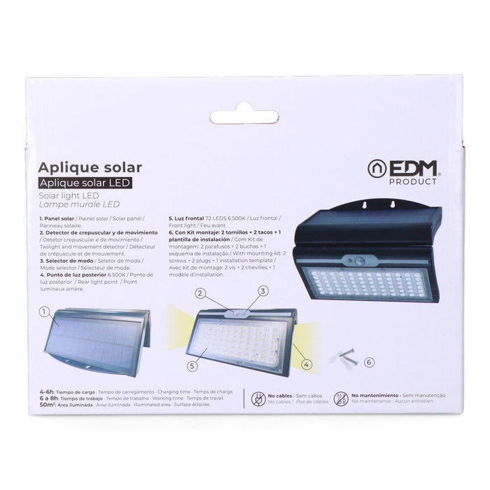 Edm Aplique Solar 6W 430lm 6500K con Sensor, Color Negro