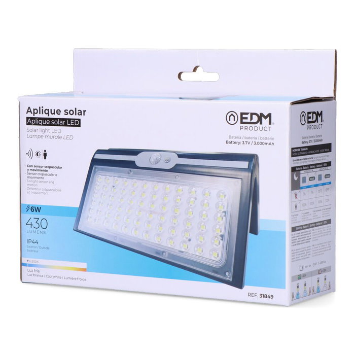 Edm Aplique Solar 6W 430lm 6500K con Sensor, Color Negro