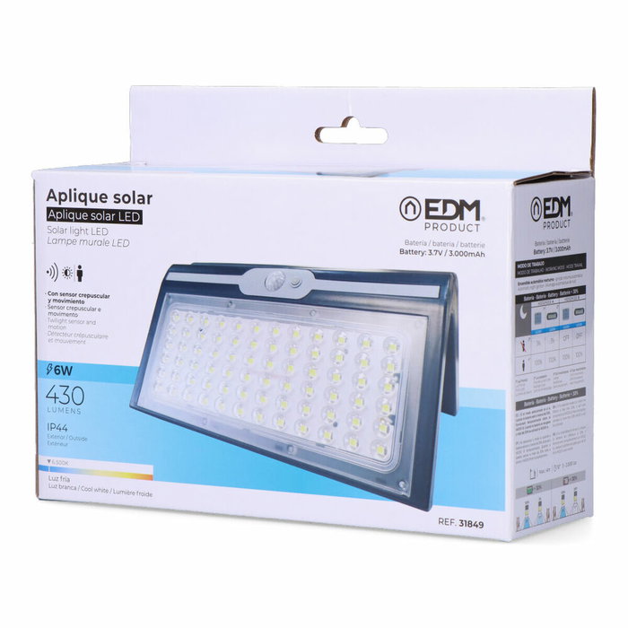 Edm Aplique solar 6W 430lm 6.500K con sensor, color negro