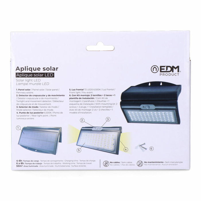 Edm Aplique solar 6W 430lm 6.500K con sensor, color negro