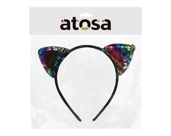 Diadema de orejas de gato multicolor con lentejuelas arcoíris
