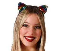 Diadema de orejas de gato multicolor con lentejuelas arcoíris