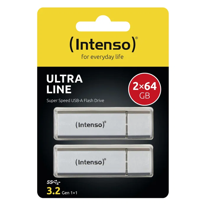 Intenso Ultra Line Lápiz USB 3.2 Gen 1, 64 GB Plata Aluminio, Pack de 2 unidades, 3531490