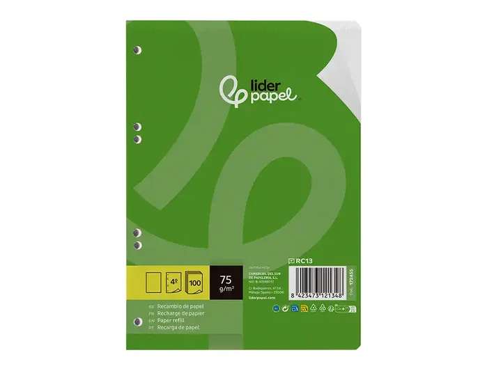 Liderpapel Recambio Din A5 100 Hojas 75 g Liso Sin Margen 6 Taladros
