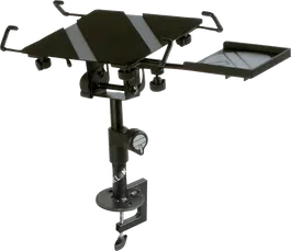 QUIKLOK Soporte Ordenador Portátil con Bandeja Mousse y Pinza de Montaje, Negro, Acero, Ajustable 260-360mm, Plataforma 250x250mm