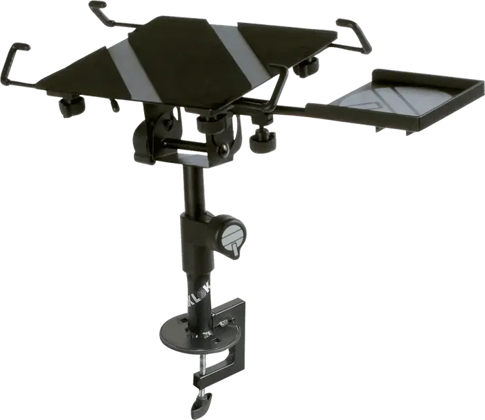 QUIKLOK Soporte Ordenador Portátil con Bandeja Mousse y Pinza de Montaje, Negro, Acero, Ajustable 260-360mm, Plataforma 250x250mm