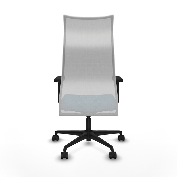 Sillón Albacete con mecanismo Sincro tapizada con Tela color Verde petróleo y malla color Blanco. Equipado con Base nailon negra, Brazos 2D y Ruedas 65mm nailon